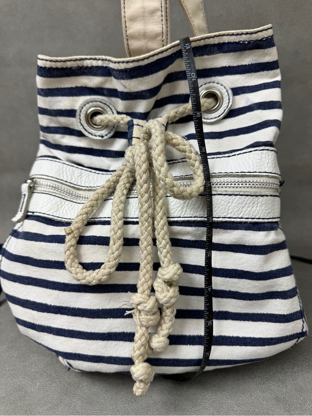 Striped Navy & Cream Rope-Drawstring Canvas Backpack - Picture 10 of 11